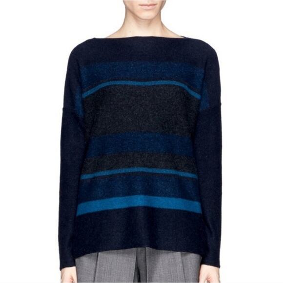 Vince Wool Cashmere Striped Boat Neck Long Sleeve Sweater Blue Gray Casual S - Picture 1 of 16
